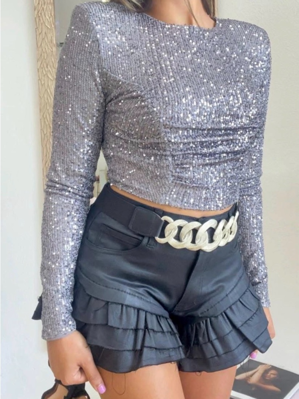 Silver Sequin Long Sleeve Crop Top